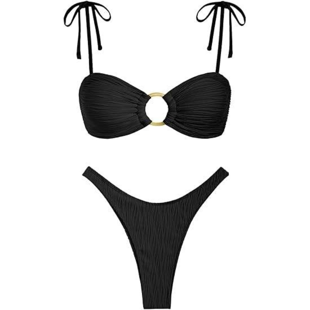 MSRP $42 ZAFUL Women's M Black Bandeau Two Piece Tie‎ Spaghetti Strap Bikini T